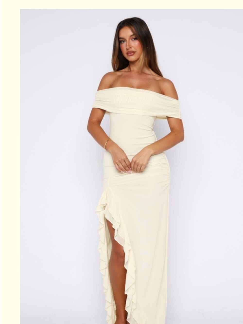 Whitefox Boutique Off-Shoulder Yellow Ruffle Maxi Prom Dress